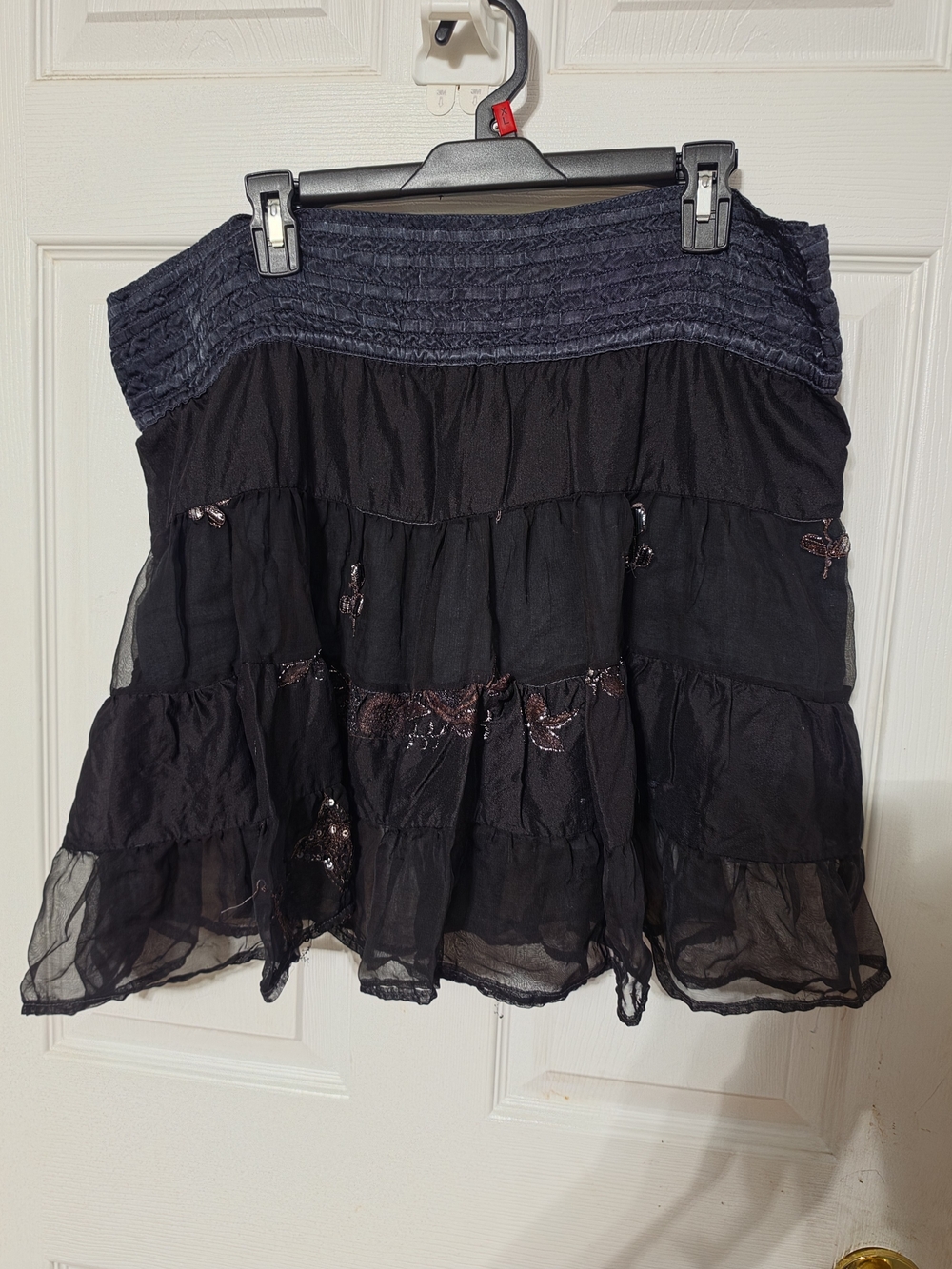 Adrienne Vittadini Black Tiered Skater Skirt with Navy Smocked Waistband